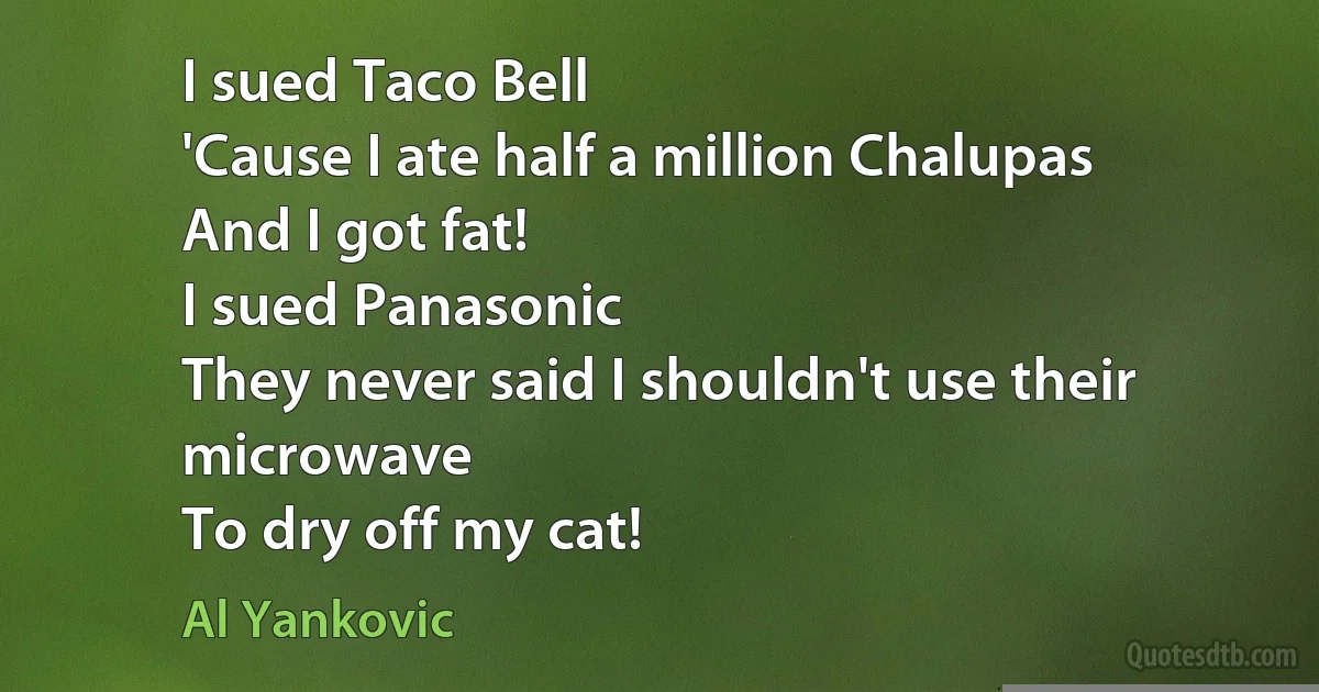 I sued Taco Bell
'Cause I ate half a million Chalupas
And I got fat!
I sued Panasonic
They never said I shouldn't use their microwave
To dry off my cat! (Al Yankovic)