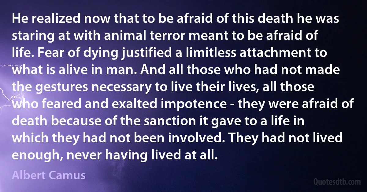 He realized now that to be afraid of this death he was staring at with animal terror meant to be afraid of life. Fear of dying justified a limitless attachment to what is alive in man. And all those who had not made the gestures necessary to live their lives, all those who feared and exalted impotence - they were afraid of death because of the sanction it gave to a life in which they had not been involved. They had not lived enough, never having lived at all. (Albert Camus)