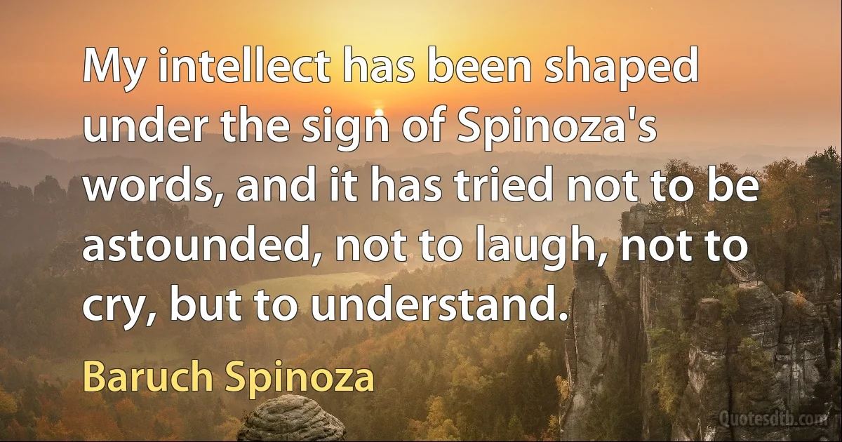 My intellect has been shaped under the sign of Spinoza's words, and it has tried not to be astounded, not to laugh, not to cry, but to understand. (Baruch Spinoza)