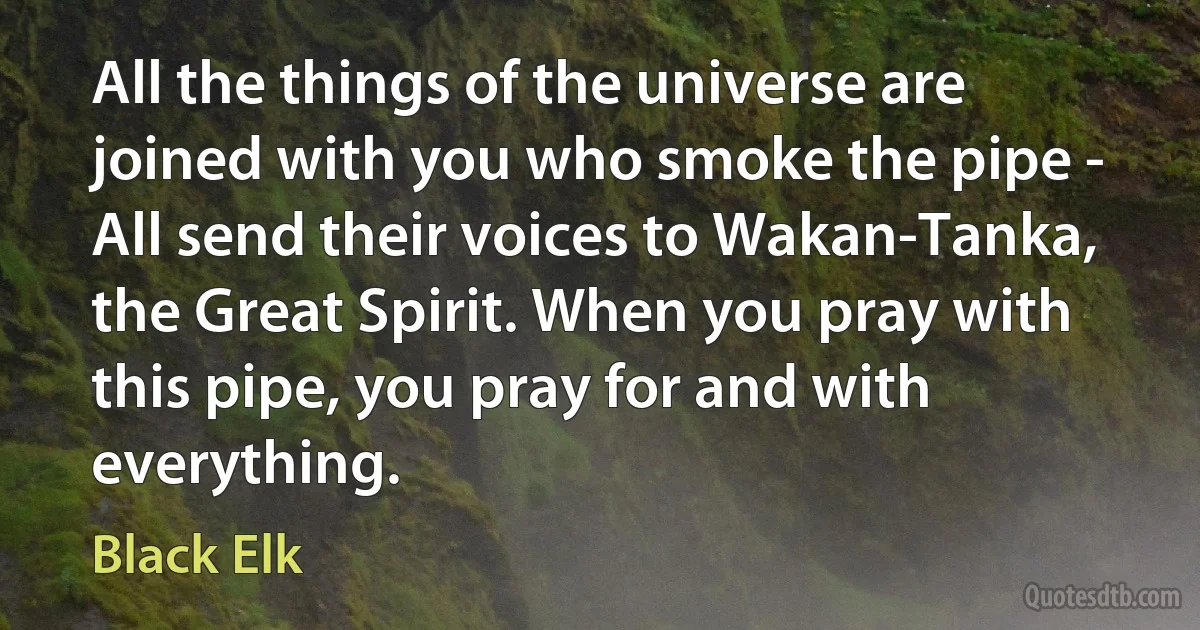 All the things of the universe are joined with you who smoke the pipe - All send their voices to Wakan-Tanka, the Great Spirit. When you pray with this pipe, you pray for and with everything. (Black Elk)