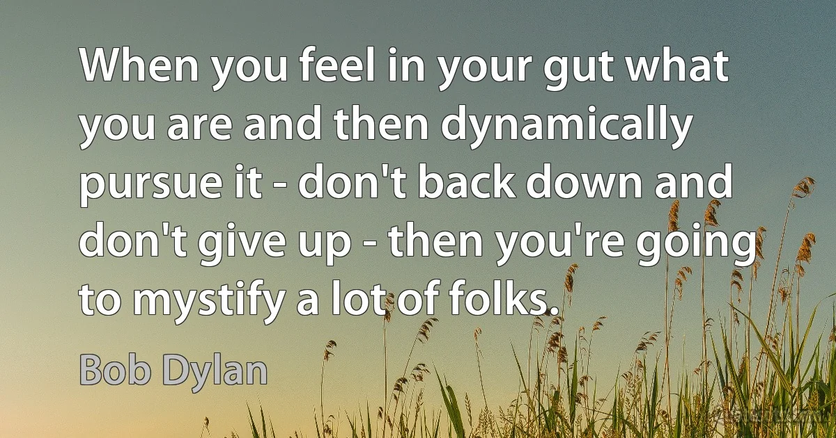 When you feel in your gut what you are and then dynamically pursue it - don't back down and don't give up - then you're going to mystify a lot of folks. (Bob Dylan)