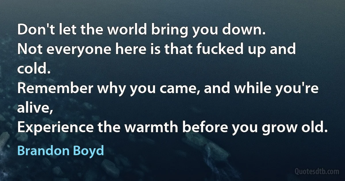 Don't let the world bring you down.
Not everyone here is that fucked up and cold.
Remember why you came, and while you're alive,
Experience the warmth before you grow old. (Brandon Boyd)