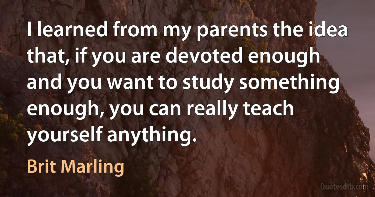 I learned from my parents the idea that, if you are devoted enough and you want to study something enough, you can really teach yourself anything. (Brit Marling)