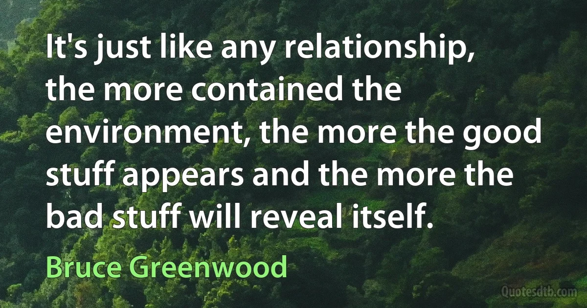 It's just like any relationship, the more contained the environment, the more the good stuff appears and the more the bad stuff will reveal itself. (Bruce Greenwood)