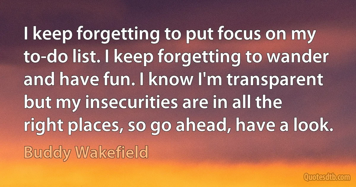 I keep forgetting to put focus on my to-do list. I keep forgetting to wander and have fun. I know I'm transparent but my insecurities are in all the right places, so go ahead, have a look. (Buddy Wakefield)