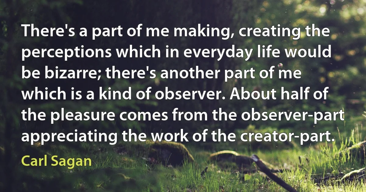 There's a part of me making, creating the perceptions which in everyday life would be bizarre; there's another part of me which is a kind of observer. About half of the pleasure comes from the observer-part appreciating the work of the creator-part. (Carl Sagan)