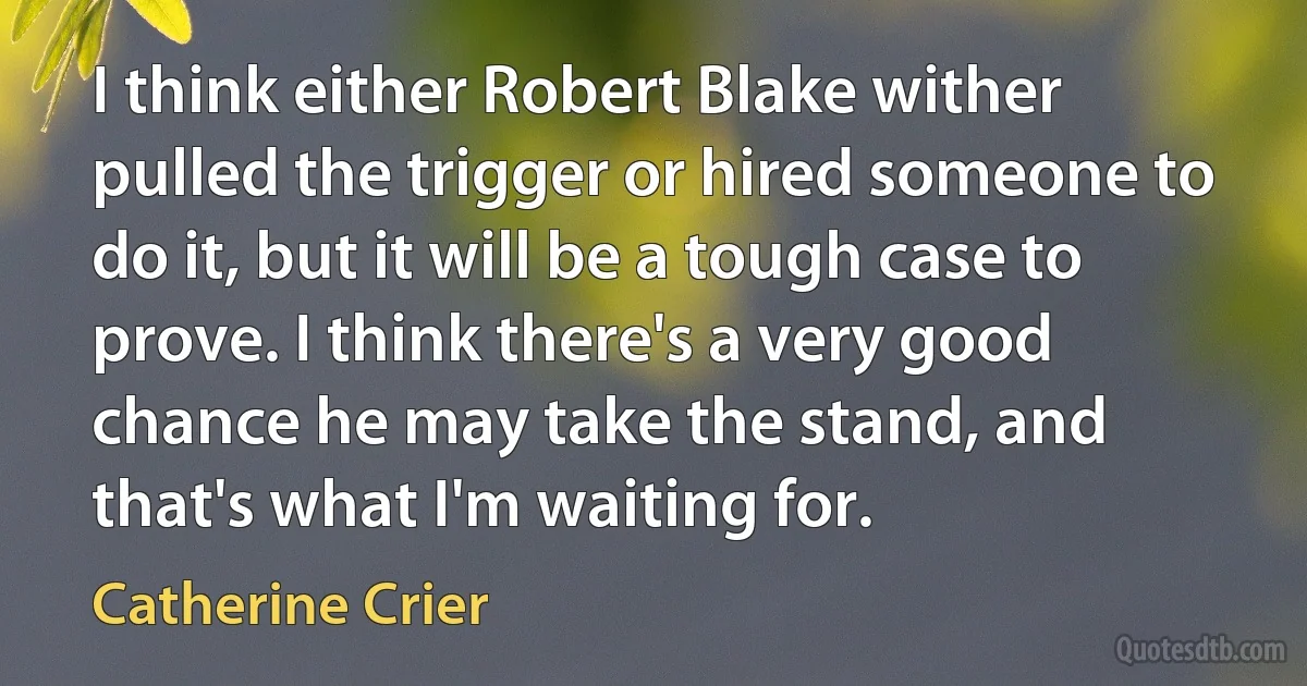 I think either Robert Blake wither pulled the trigger or hired someone to do it, but it will be a tough case to prove. I think there's a very good chance he may take the stand, and that's what I'm waiting for. (Catherine Crier)