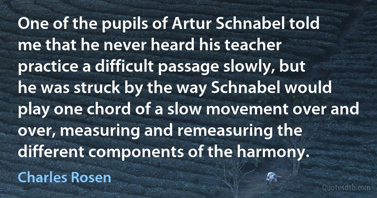 One of the pupils of Artur Schnabel told me that he never heard his teacher practice a difficult passage slowly, but he was struck by the way Schnabel would play one chord of a slow movement over and over, measuring and remeasuring the different components of the harmony. (Charles Rosen)