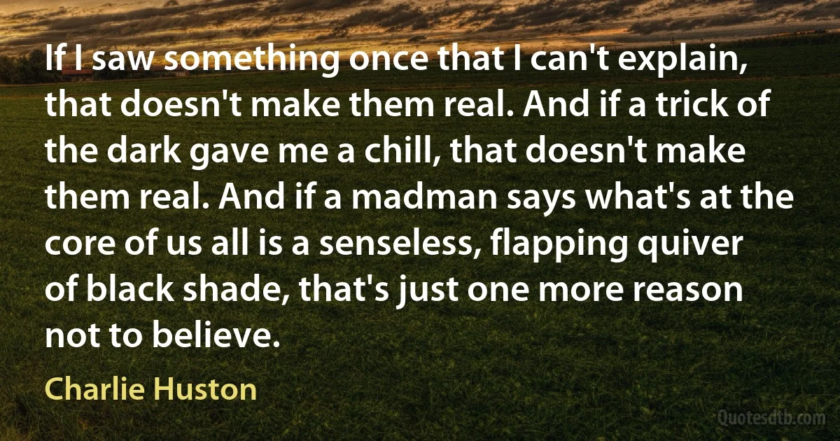 If I saw something once that I can't explain, that doesn't make them real. And if a trick of the dark gave me a chill, that doesn't make them real. And if a madman says what's at the core of us all is a senseless, flapping quiver of black shade, that's just one more reason not to believe. (Charlie Huston)