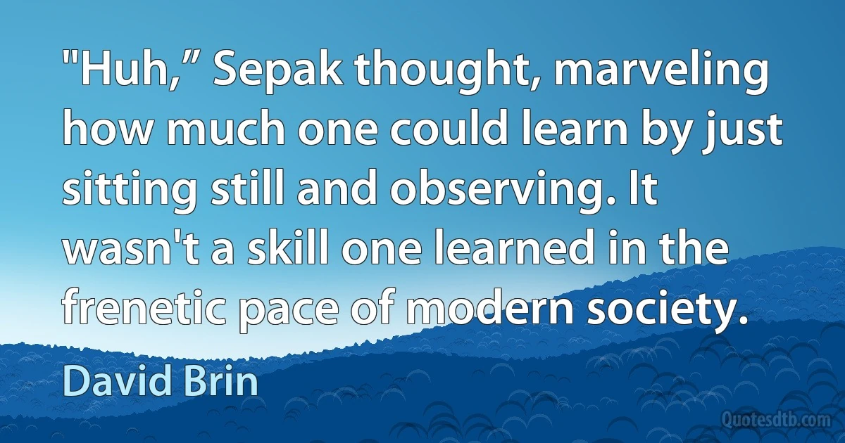 "Huh,” Sepak thought, marveling how much one could learn by just sitting still and observing. It wasn't a skill one learned in the frenetic pace of modern society. (David Brin)