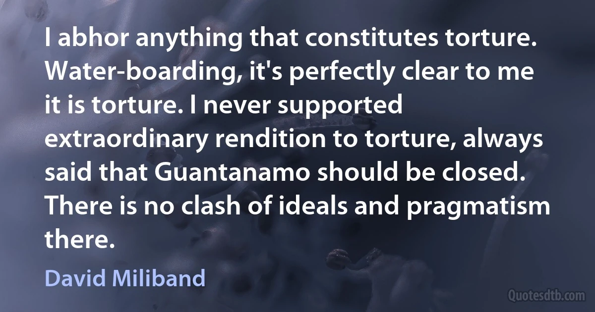 I abhor anything that constitutes torture. Water-boarding, it's perfectly clear to me it is torture. I never supported extraordinary rendition to torture, always said that Guantanamo should be closed. There is no clash of ideals and pragmatism there. (David Miliband)