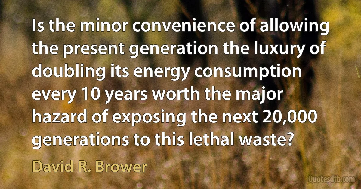 Is the minor convenience of allowing the present generation the luxury of doubling its energy consumption every 10 years worth the major hazard of exposing the next 20,000 generations to this lethal waste? (David R. Brower)