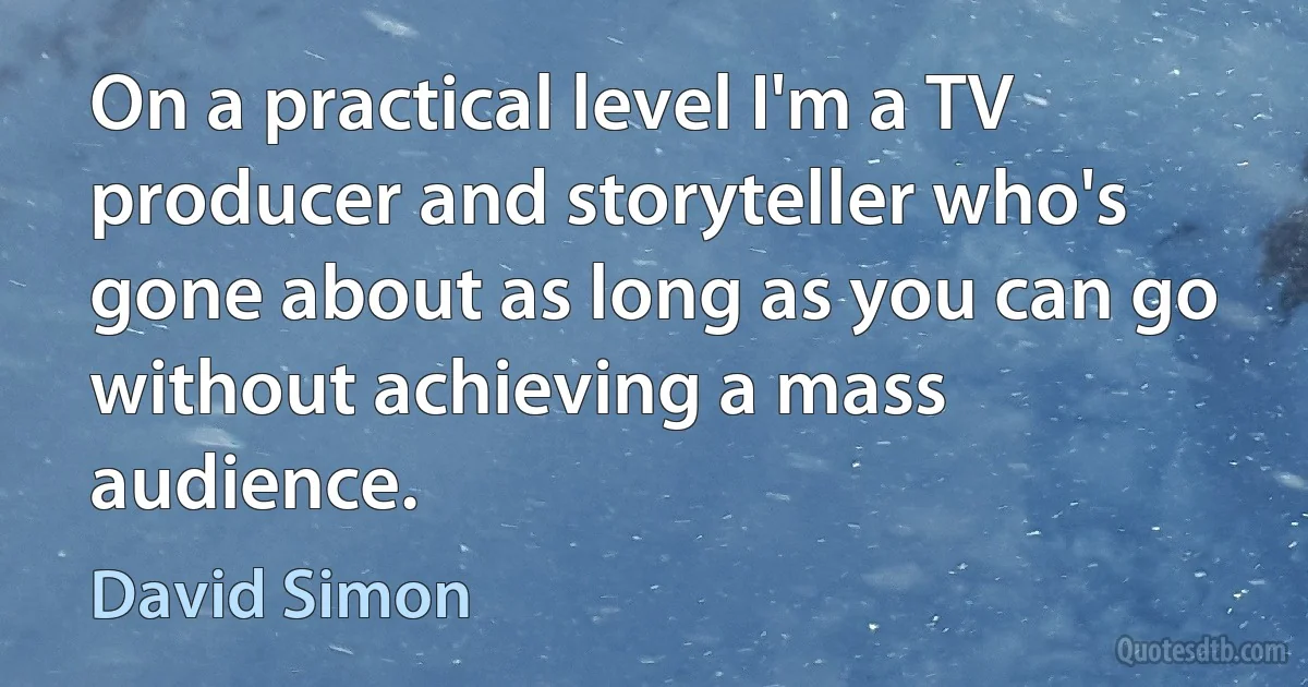 On a practical level I'm a TV producer and storyteller who's gone about as long as you can go without achieving a mass audience. (David Simon)