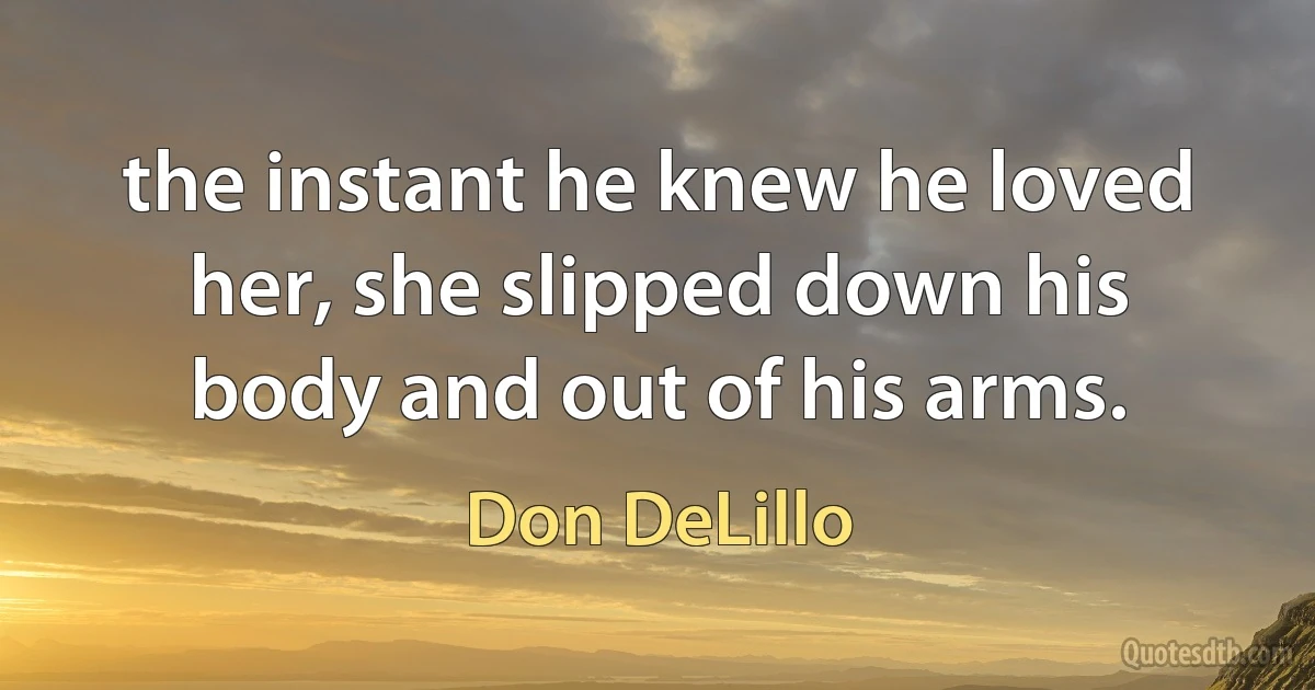 the instant he knew he loved her, she slipped down his body and out of his arms. (Don DeLillo)