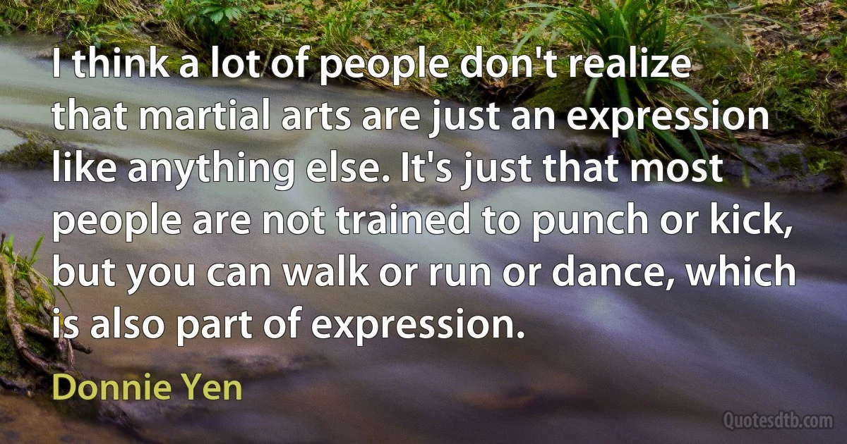 I think a lot of people don't realize that martial arts are just an expression like anything else. It's just that most people are not trained to punch or kick, but you can walk or run or dance, which is also part of expression. (Donnie Yen)