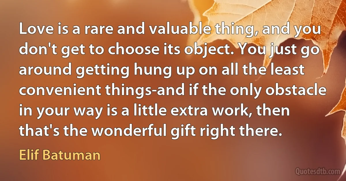 Love is a rare and valuable thing, and you don't get to choose its object. You just go around getting hung up on all the least convenient things-and if the only obstacle in your way is a little extra work, then that's the wonderful gift right there. (Elif Batuman)