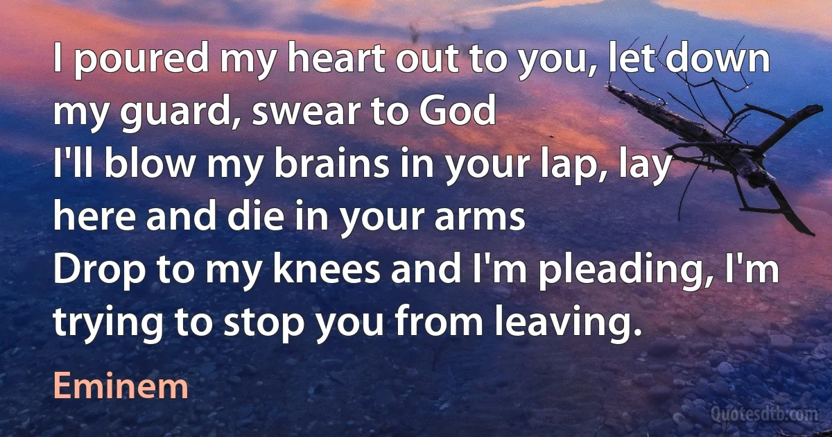 I poured my heart out to you, let down my guard, swear to God
I'll blow my brains in your lap, lay here and die in your arms
Drop to my knees and I'm pleading, I'm trying to stop you from leaving. (Eminem)