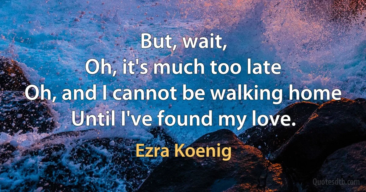 But, wait,
Oh, it's much too late
Oh, and I cannot be walking home
Until I've found my love. (Ezra Koenig)