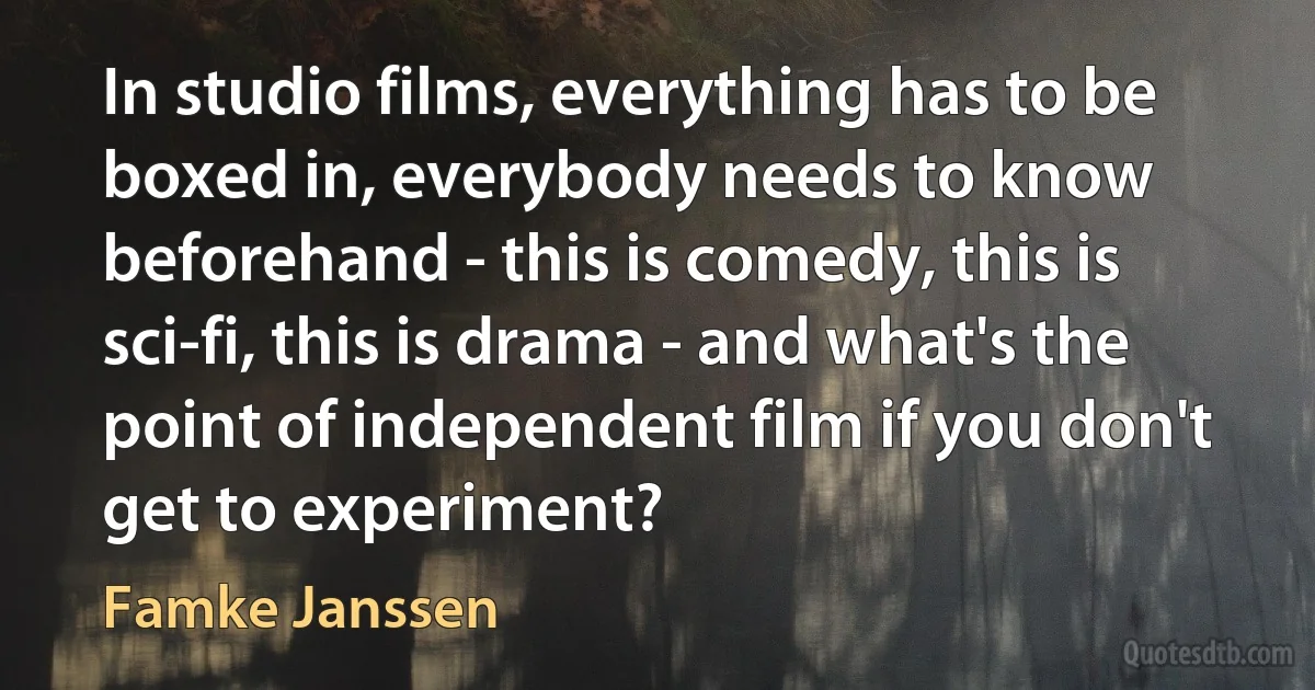 In studio films, everything has to be boxed in, everybody needs to know beforehand - this is comedy, this is sci-fi, this is drama - and what's the point of independent film if you don't get to experiment? (Famke Janssen)