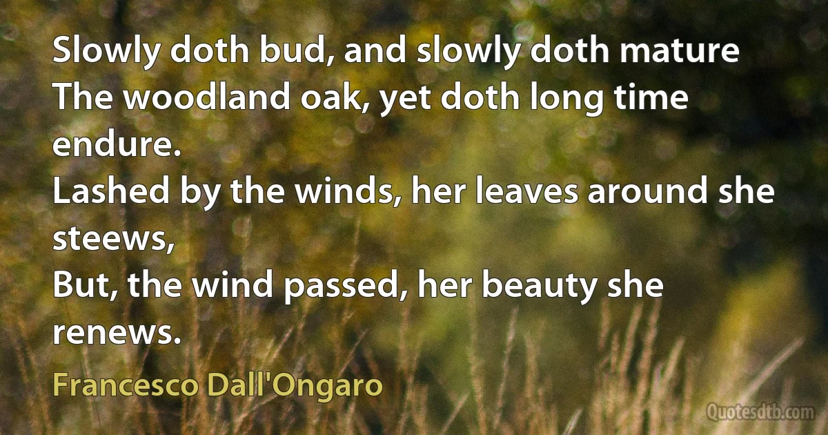 Slowly doth bud, and slowly doth mature
The woodland oak, yet doth long time endure.
Lashed by the winds, her leaves around she steews,
But, the wind passed, her beauty she renews. (Francesco Dall'Ongaro)