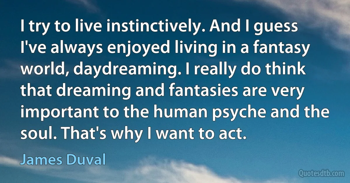 I try to live instinctively. And I guess I've always enjoyed living in a fantasy world, daydreaming. I really do think that dreaming and fantasies are very important to the human psyche and the soul. That's why I want to act. (James Duval)