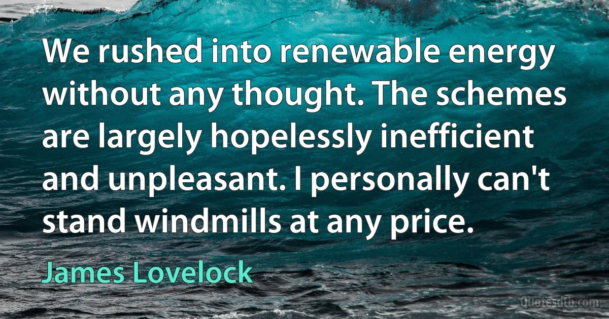 We rushed into renewable energy without any thought. The schemes are largely hopelessly inefficient and unpleasant. I personally can't stand windmills at any price. (James Lovelock)