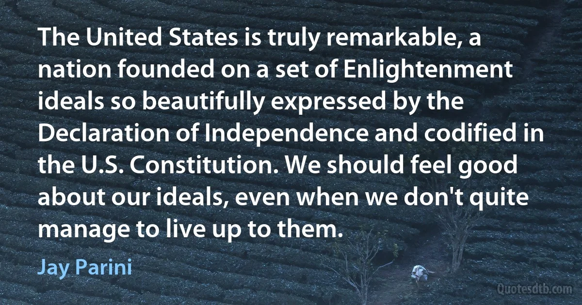 The United States is truly remarkable, a nation founded on a set of Enlightenment ideals so beautifully expressed by the Declaration of Independence and codified in the U.S. Constitution. We should feel good about our ideals, even when we don't quite manage to live up to them. (Jay Parini)