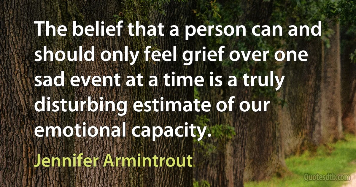 The belief that a person can and should only feel grief over one sad event at a time is a truly disturbing estimate of our emotional capacity. (Jennifer Armintrout)