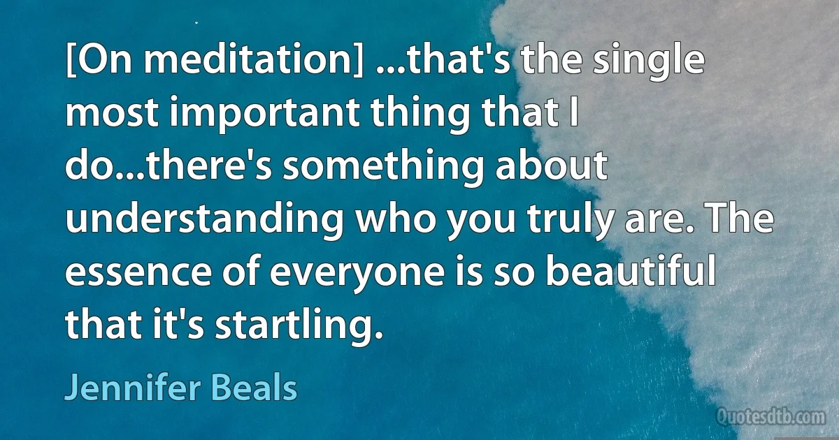 [On meditation] ...that's the single most important thing that I do...there's something about understanding who you truly are. The essence of everyone is so beautiful that it's startling. (Jennifer Beals)