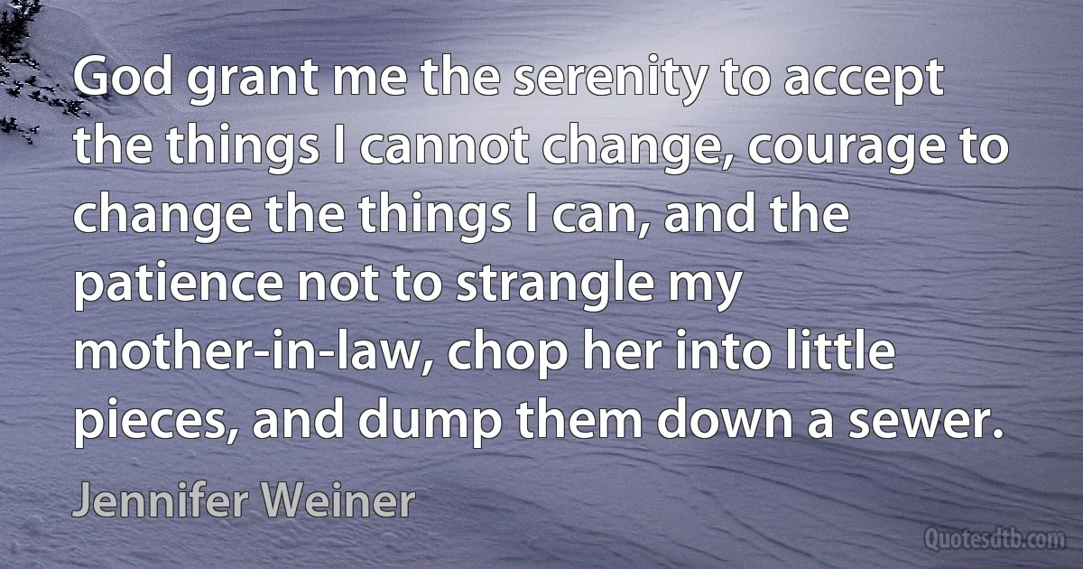 God grant me the serenity to accept the things I cannot change, courage to change the things I can, and the patience not to strangle my mother-in-law, chop her into little pieces, and dump them down a sewer. (Jennifer Weiner)