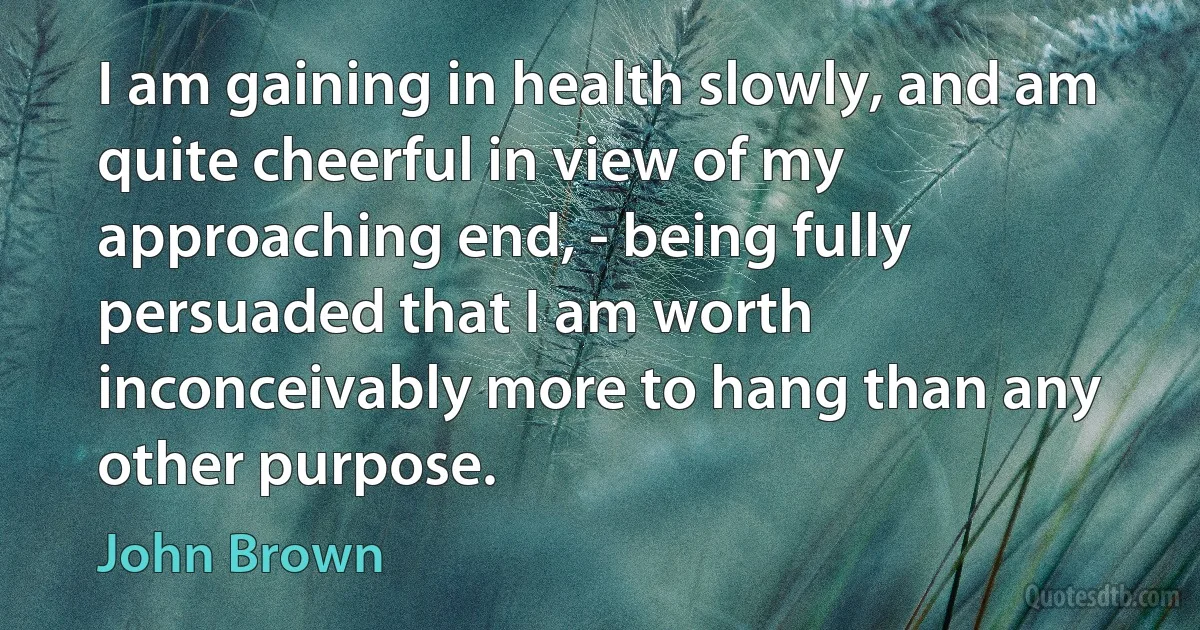 I am gaining in health slowly, and am quite cheerful in view of my approaching end, - being fully persuaded that I am worth inconceivably more to hang than any other purpose. (John Brown)