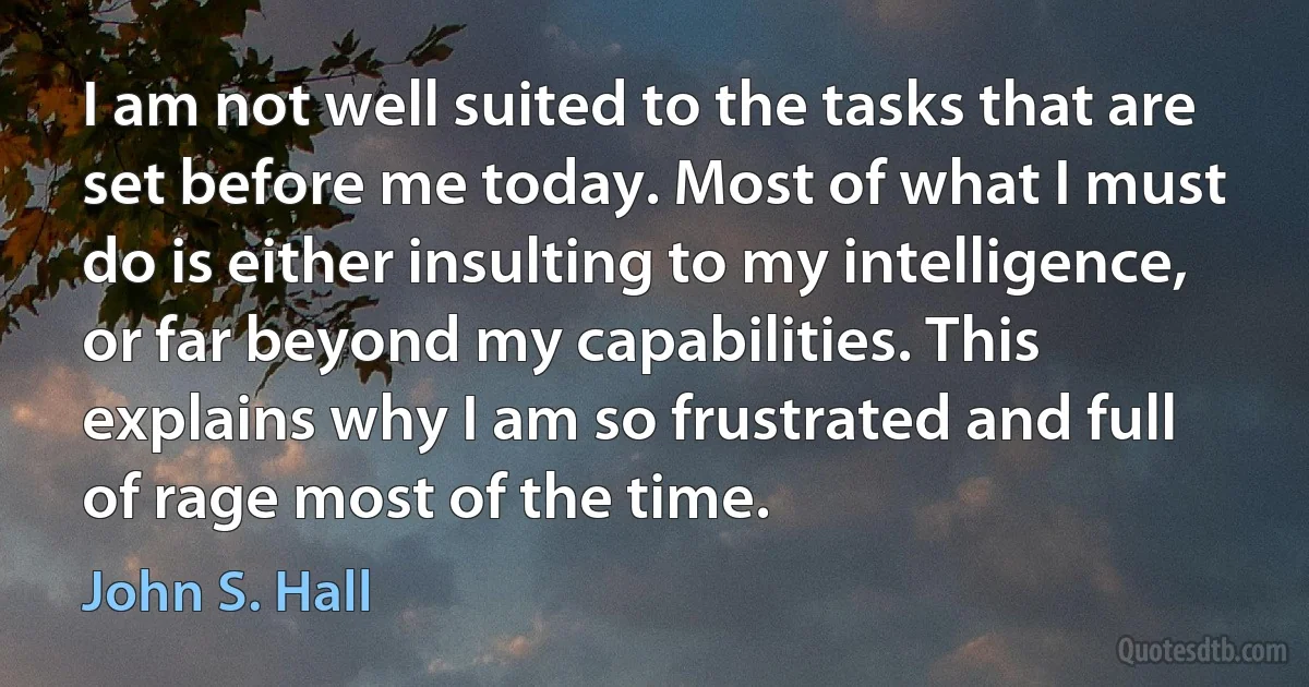 I am not well suited to the tasks that are set before me today. Most of what I must do is either insulting to my intelligence, or far beyond my capabilities. This explains why I am so frustrated and full of rage most of the time. (John S. Hall)