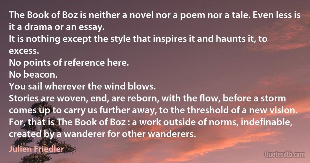 The Book of Boz is neither a novel nor a poem nor a tale. Even less is it a drama or an essay.
It is nothing except the style that inspires it and haunts it, to excess.
No points of reference here.
No beacon.
You sail wherever the wind blows.
Stories are woven, end, are reborn, with the flow, before a storm comes up to carry us further away, to the threshold of a new vision.
For, that is The Book of Boz : a work outside of norms, indefinable, created by a wanderer for other wanderers. (Julien Friedler)