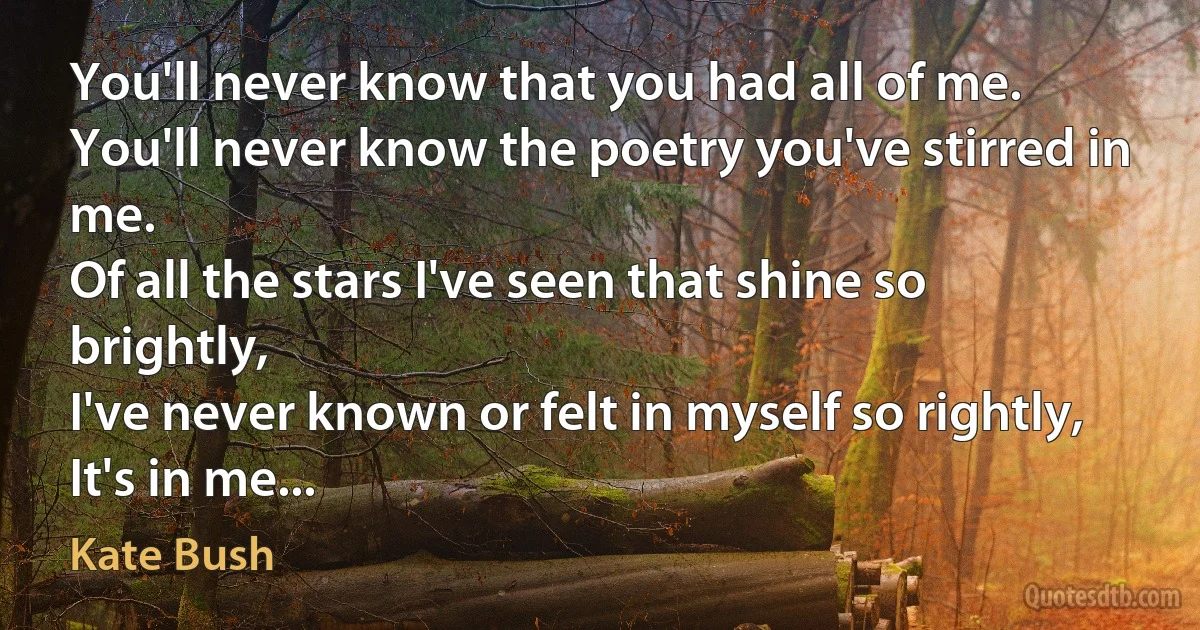 You'll never know that you had all of me.
You'll never know the poetry you've stirred in me.
Of all the stars I've seen that shine so brightly,
I've never known or felt in myself so rightly,
It's in me... (Kate Bush)