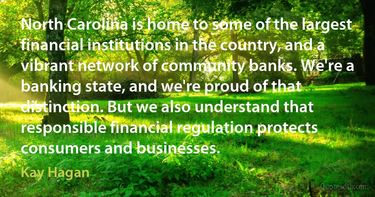 North Carolina is home to some of the largest financial institutions in the country, and a vibrant network of community banks. We're a banking state, and we're proud of that distinction. But we also understand that responsible financial regulation protects consumers and businesses. (Kay Hagan)