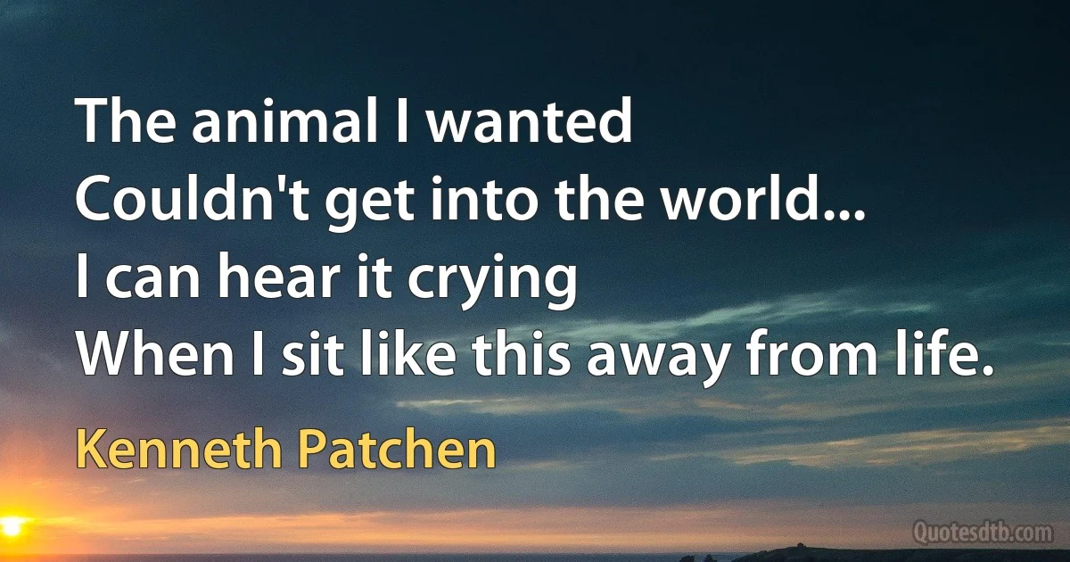 The animal I wanted
Couldn't get into the world...
I can hear it crying
When I sit like this away from life. (Kenneth Patchen)