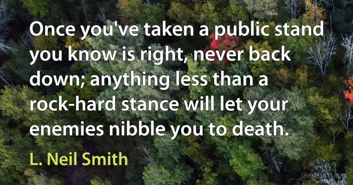 Once you've taken a public stand you know is right, never back down; anything less than a rock-hard stance will let your enemies nibble you to death. (L. Neil Smith)