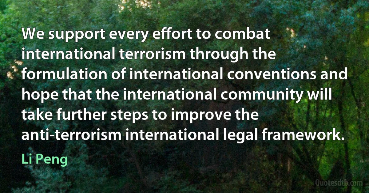 We support every effort to combat international terrorism through the formulation of international conventions and hope that the international community will take further steps to improve the anti-terrorism international legal framework. (Li Peng)