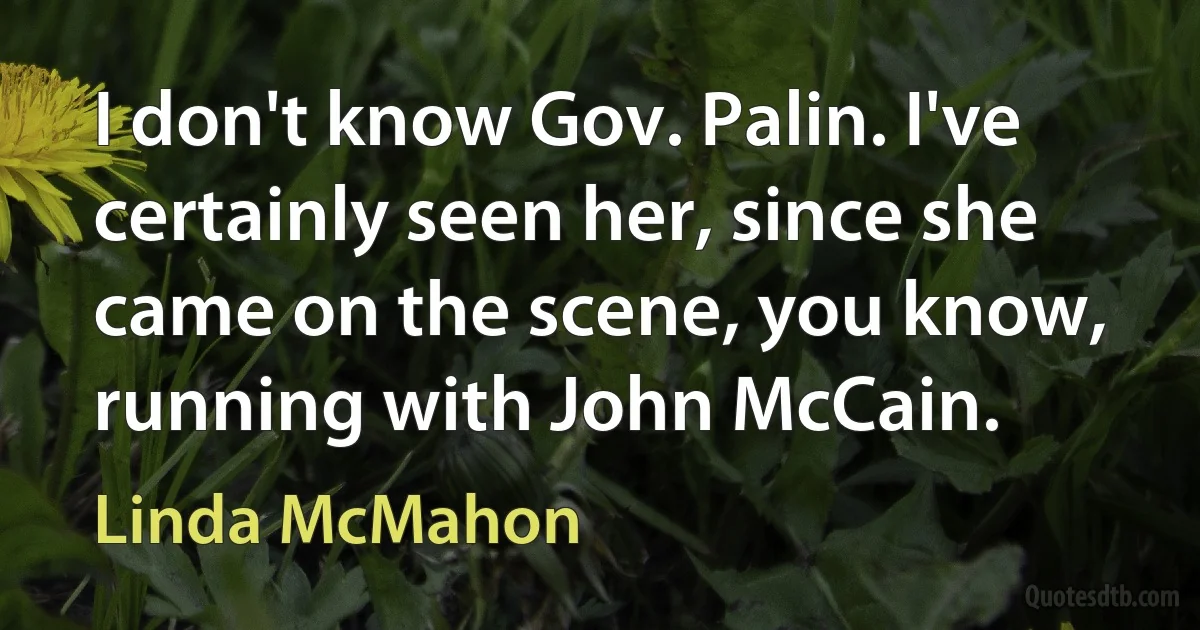 I don't know Gov. Palin. I've certainly seen her, since she came on the scene, you know, running with John McCain. (Linda McMahon)