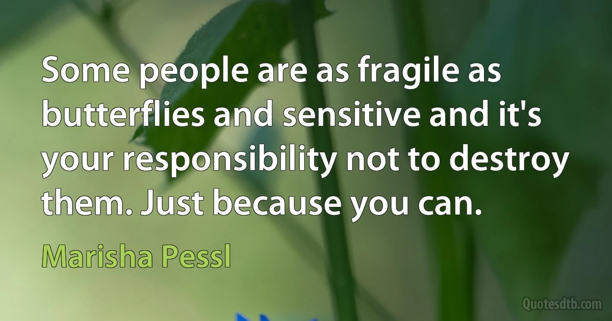 Some people are as fragile as butterflies and sensitive and it's your responsibility not to destroy them. Just because you can. (Marisha Pessl)