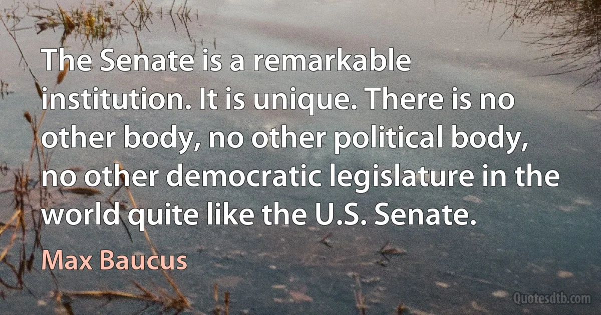 The Senate is a remarkable institution. It is unique. There is no other body, no other political body, no other democratic legislature in the world quite like the U.S. Senate. (Max Baucus)