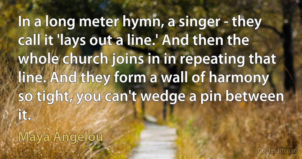 In a long meter hymn, a singer - they call it 'lays out a line.' And then the whole church joins in in repeating that line. And they form a wall of harmony so tight, you can't wedge a pin between it. (Maya Angelou)