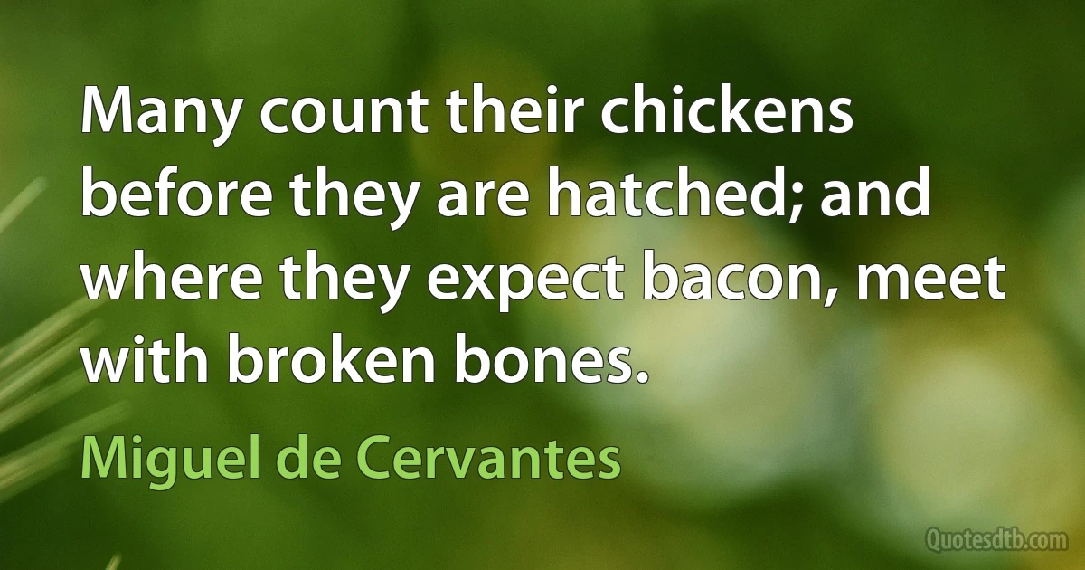 Many count their chickens before they are hatched; and where they expect bacon, meet with broken bones. (Miguel de Cervantes)