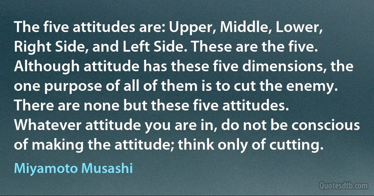 The five attitudes are: Upper, Middle, Lower, Right Side, and Left Side. These are the five. Although attitude has these five dimensions, the one purpose of all of them is to cut the enemy. There are none but these five attitudes.
Whatever attitude you are in, do not be conscious of making the attitude; think only of cutting. (Miyamoto Musashi)