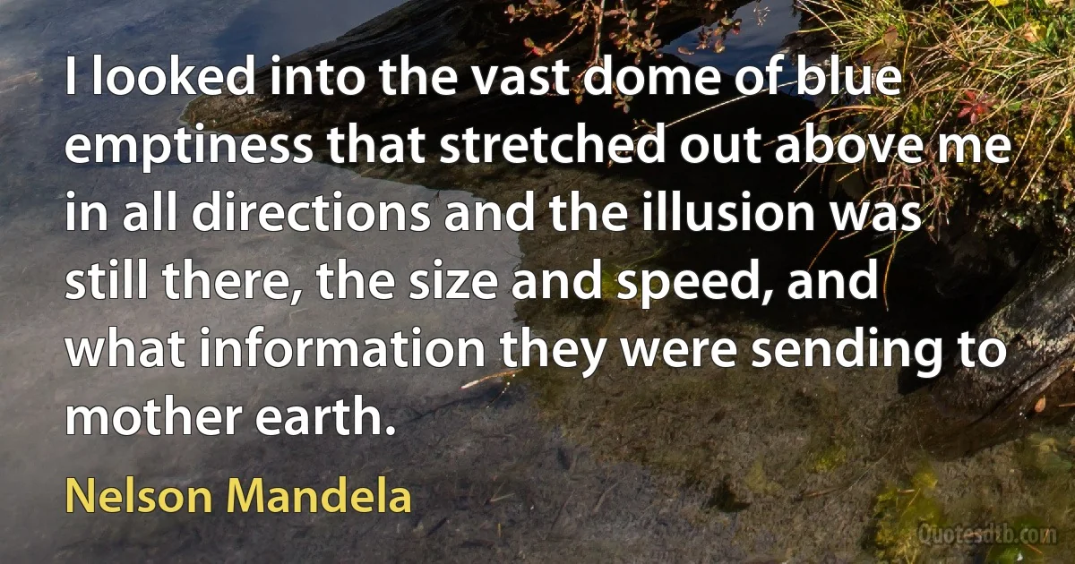 I looked into the vast dome of blue emptiness that stretched out above me in all directions and the illusion was still there, the size and speed, and what information they were sending to mother earth. (Nelson Mandela)