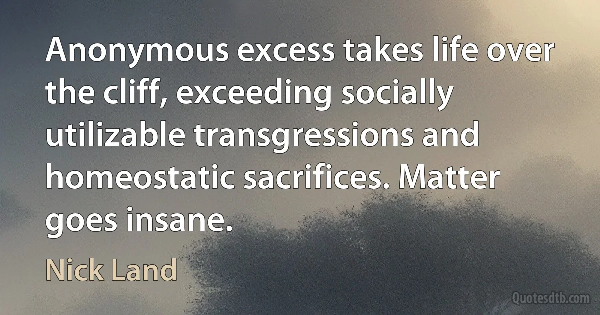 Anonymous excess takes life over the cliff, exceeding socially utilizable transgressions and homeostatic sacrifices. Matter goes insane. (Nick Land)