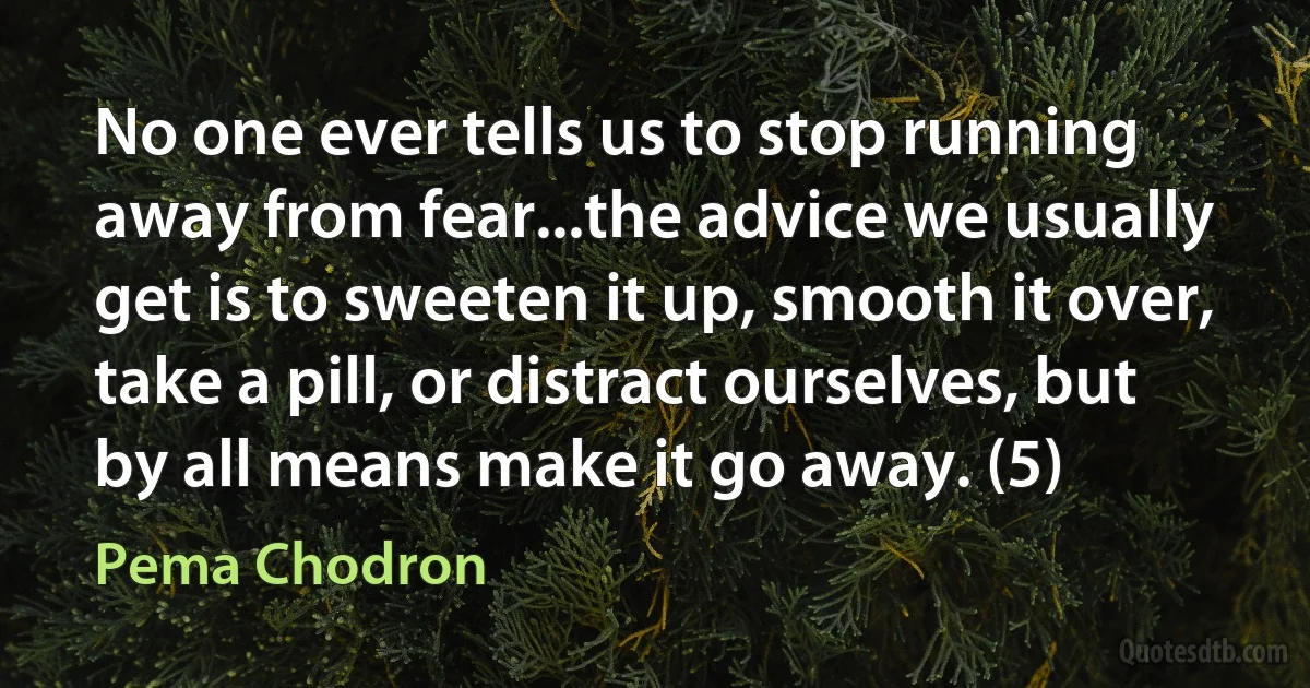 No one ever tells us to stop running away from fear...the advice we usually get is to sweeten it up, smooth it over, take a pill, or distract ourselves, but by all means make it go away. (5) (Pema Chodron)