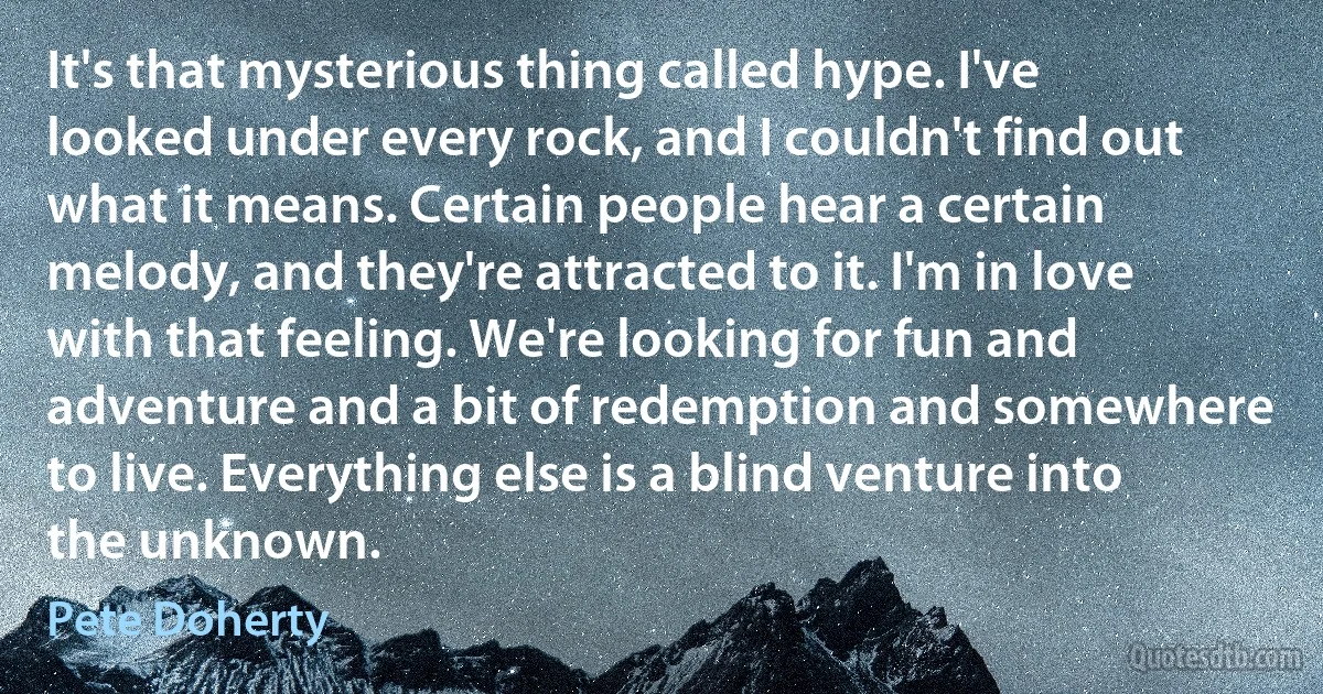 It's that mysterious thing called hype. I've looked under every rock, and I couldn't find out what it means. Certain people hear a certain melody, and they're attracted to it. I'm in love with that feeling. We're looking for fun and adventure and a bit of redemption and somewhere to live. Everything else is a blind venture into the unknown. (Pete Doherty)