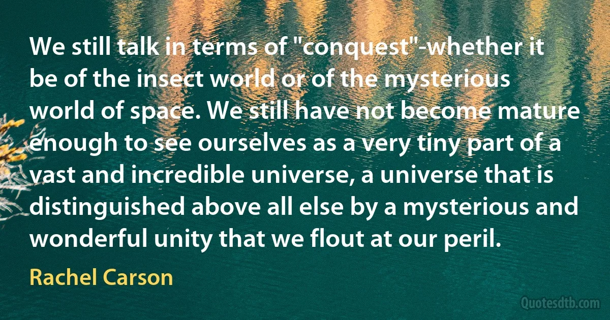 We still talk in terms of "conquest"-whether it be of the insect world or of the mysterious world of space. We still have not become mature enough to see ourselves as a very tiny part of a vast and incredible universe, a universe that is distinguished above all else by a mysterious and wonderful unity that we flout at our peril. (Rachel Carson)