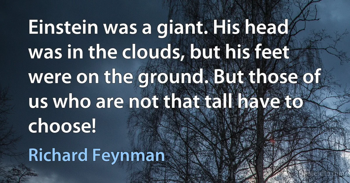 Einstein was a giant. His head was in the clouds, but his feet were on the ground. But those of us who are not that tall have to choose! (Richard Feynman)